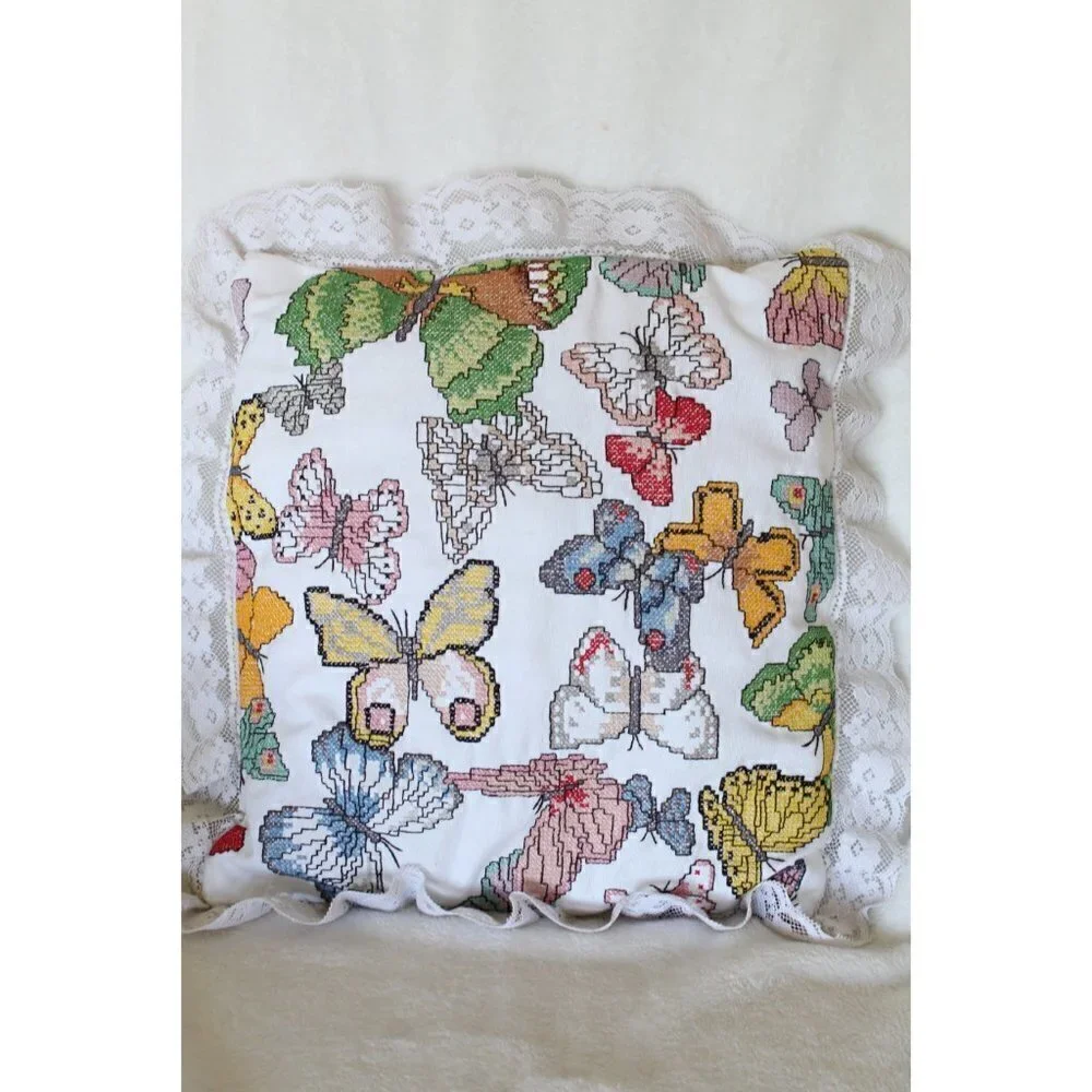 Handmade Butterflies Needlepoint Pillow cross stitch Multicolor Lace edges